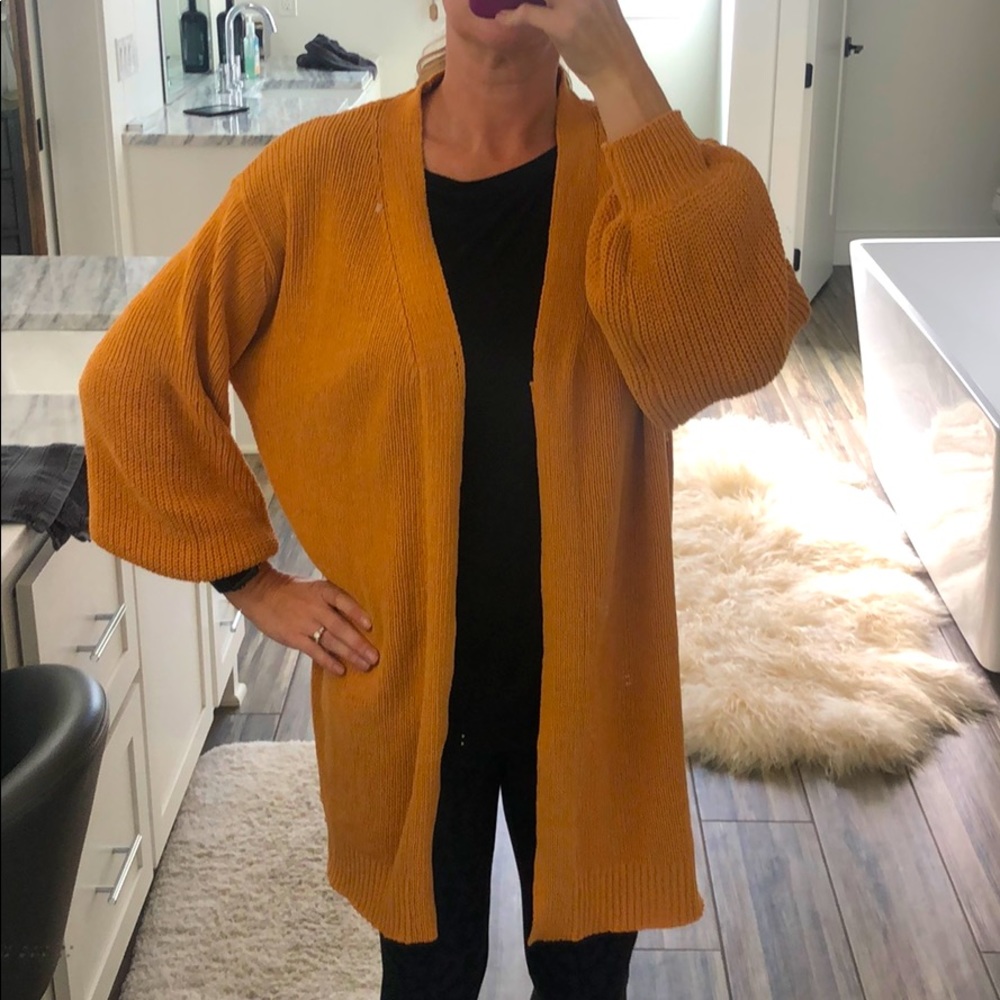 Mustard colored puffy sleeve cardigan
